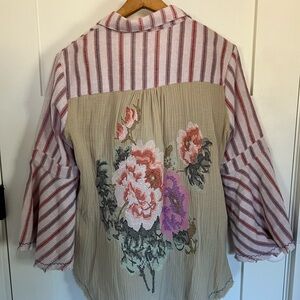 Aratta Pink and Tan Striped Floral Blouse